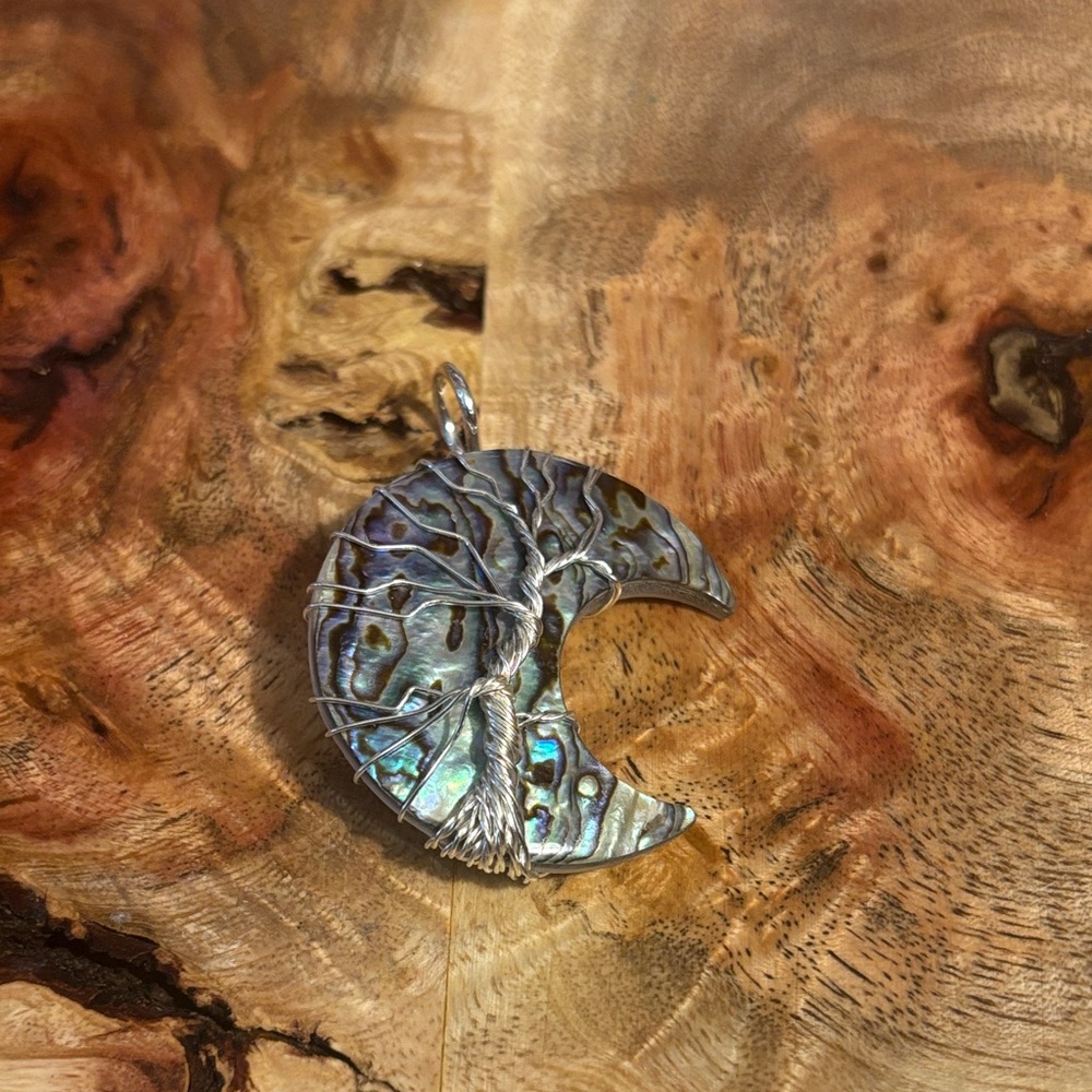Abalone Crescent Moon Tree of Life Pendant - Iridescent Blue-Green